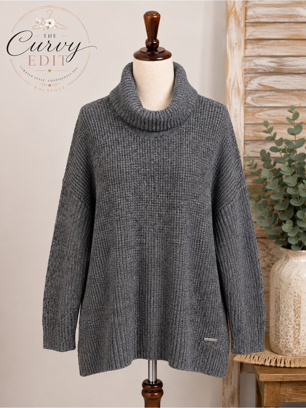Michael Kors Large Gray Cowl Neck Sweater Tunic Ribbed Knit Cozy Pullover Chic